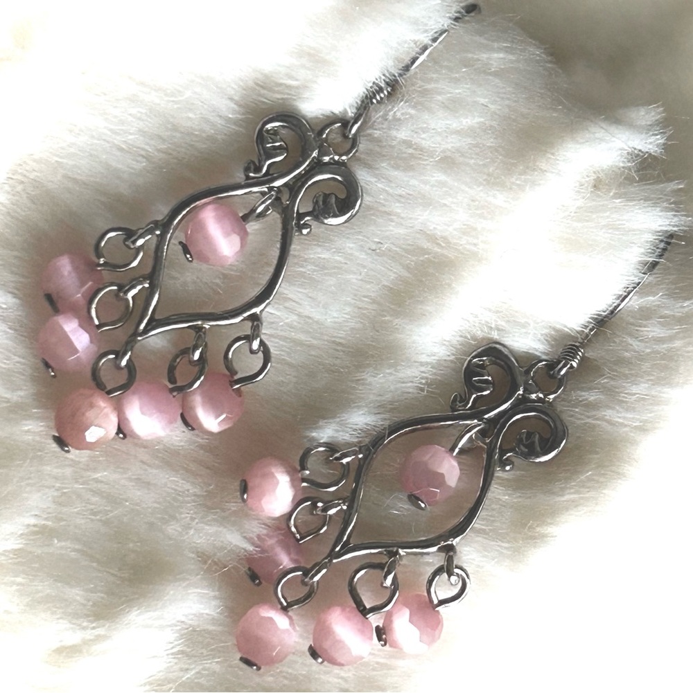NWOT Genuine Semi Precious Pink Cat Eye Bead & Sterling Silver  Earrings